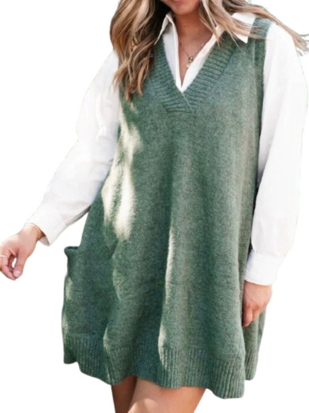 SIZE?? NWT Becool Sweater Dress Women M/L Green Knit V Neck Sleeveless Pockets